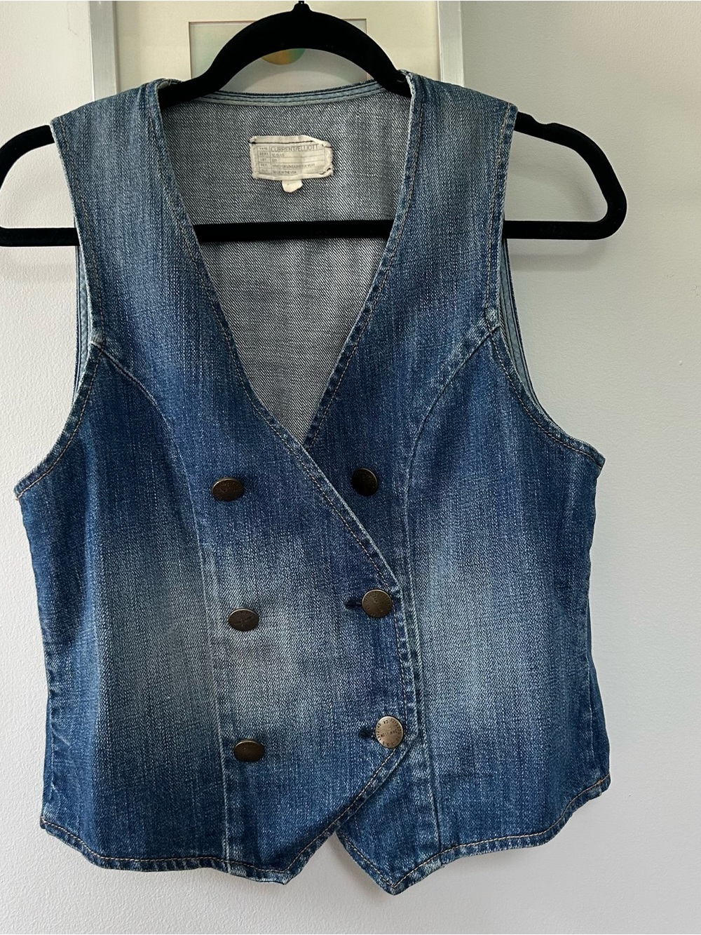 Current/Elliott Double-Breasted Denim Vest in Medium Blue